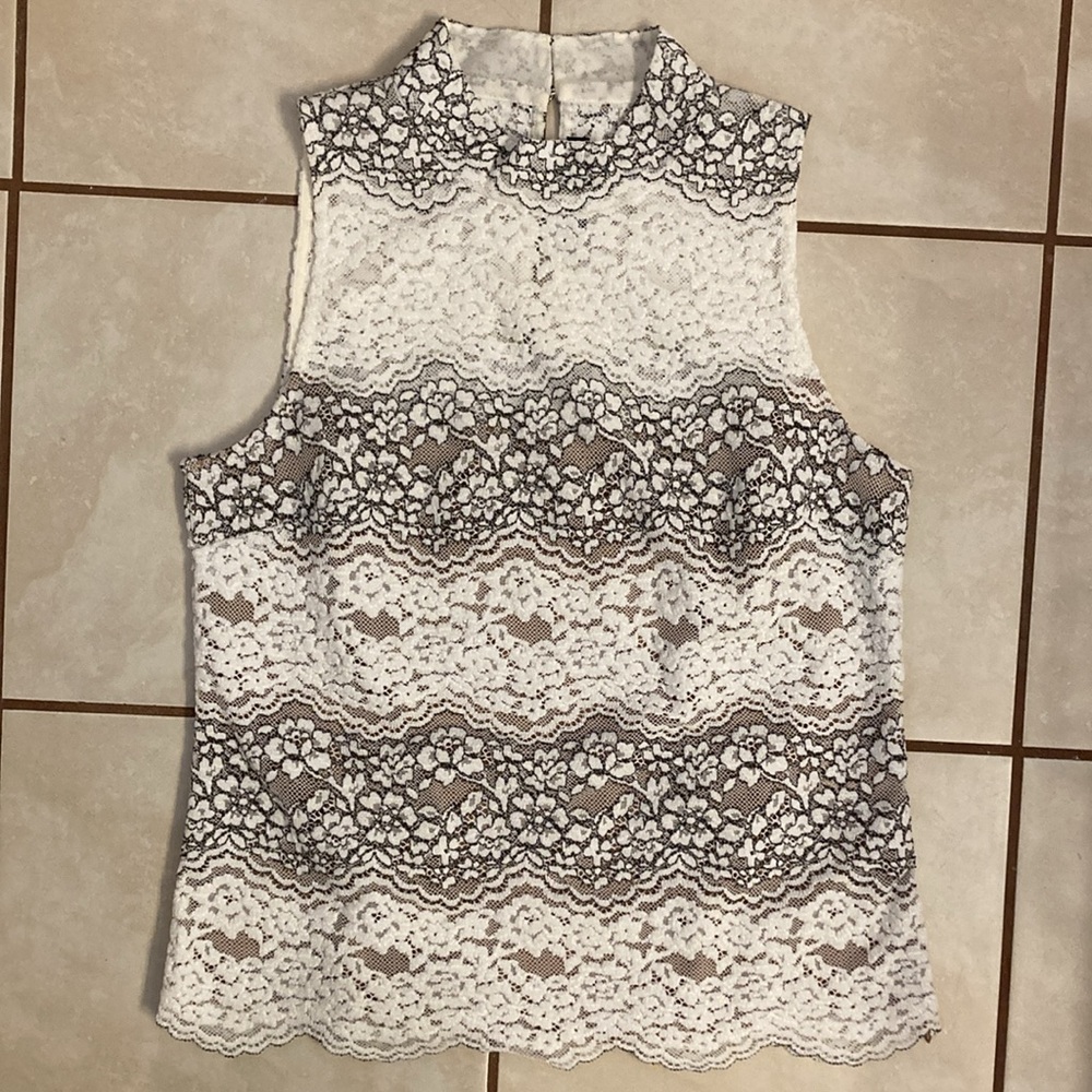 Sleeveless Lace Overlay High-Neck Top - White & Brown - Picture 8 of 13